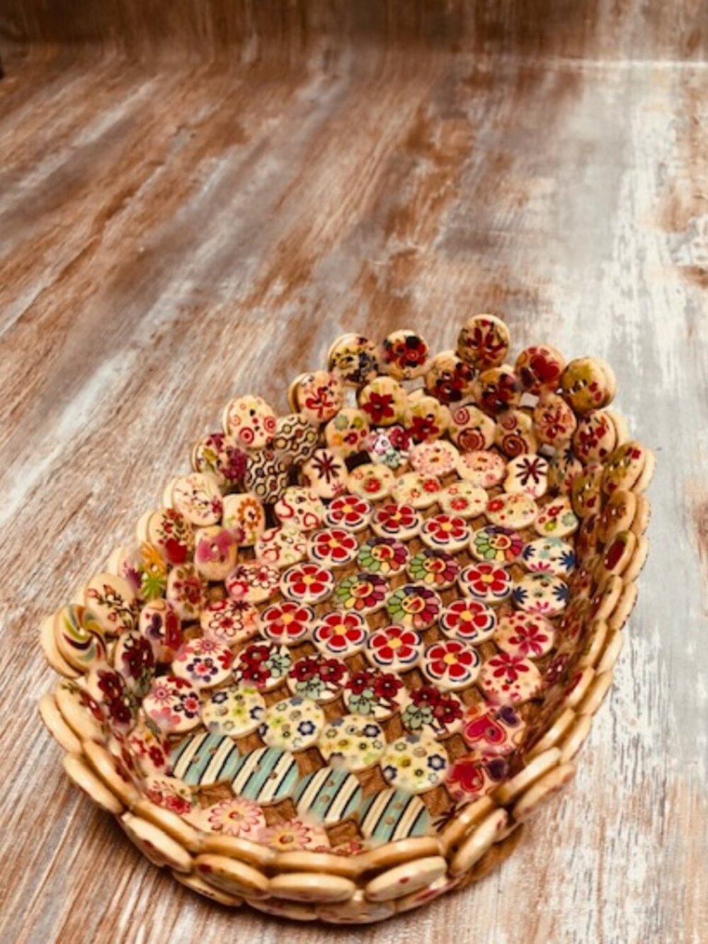 Unique Oblong Handmade Floral Wooden Button